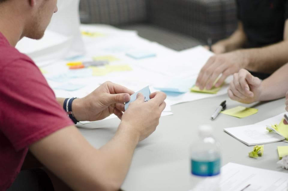 Une équipe penchée sur une table couverte de notes et de post-it